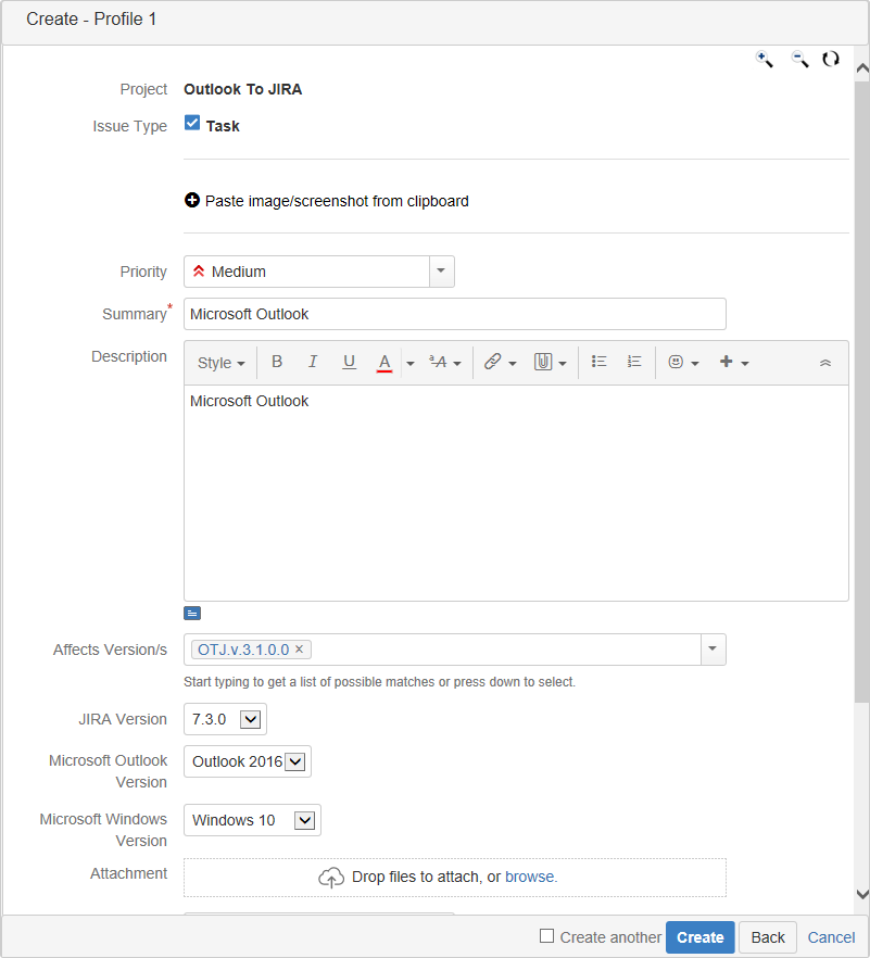 Atlassian Products Documentation > Create new issue from Outlook > 5.png
